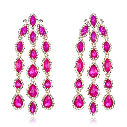 EVER FAITH Quaste Ohrringe Strass Art Deco Kronleuchter funkelnde Kristall Vintage-Stil Teardrop durchbohrt baumeln Ohrringe Hot-Pink von EVER FAITH