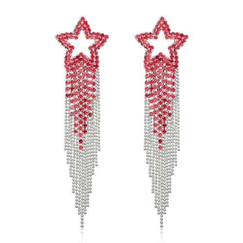EVER FAITH Quaste Ohrringe Strass Stern funkelnde Kristall Fransen Tropfen baumeln Kronleuchter Rot Silber-Ton von EVER FAITH