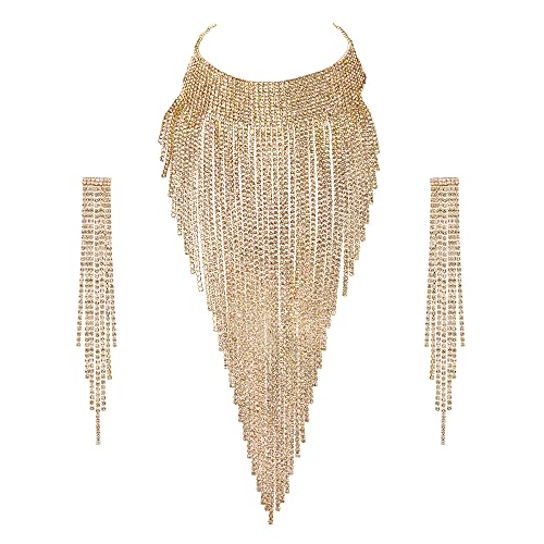 EVER FAITH Quaste Schmuckset Funkelnder Strass Kostüm Statement Schmuck klobiger Kragen Halskette, langes Kronleuchter Ohrring Set Klar AB Silber-Ton von EVER FAITH