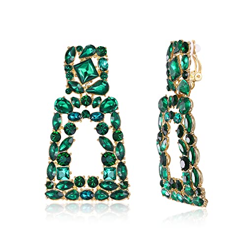 EVER FAITH Rechteckige Ohrclips für Damen funkelnde Strasssteine geometrische Statement Ohrringe Clips on Grün Gold-Tone von EVER FAITH