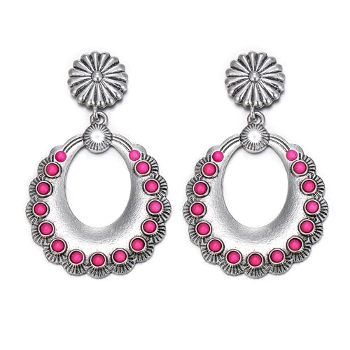 EVER FAITH Rosa Türkis Ohrringe, Sommer Boho Vintage Cowgirl Country Concho Blumen-Ohrringe mit Ovalen Ohrhänger Western-Schmuck für Damen Antik-Silberton von EVER FAITH