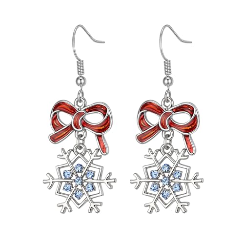 EVER FAITH Rot Weihnachten Bogen Schneeflocke Ohrringe für Damen, Mode Emaille Strass Kristall Winter Schneeflocken Tropfen Ohrhänger Schmuck Geschenke Blau von EVER FAITH