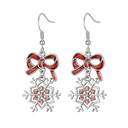 EVER FAITH Rot Weihnachten Bogen Schneeflocke Ohrringe für Damen, Mode Emaille Strass Kristall Winter Schneeflocken Tropfen Ohrhänger Schmuck Geschenke Rosa von EVER FAITH