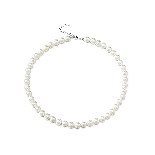 EVER FAITH Rund Creme Simulierte Perlenkette 925 Sterling Silber 8MM Perlenstrang Halskette für Damen Braut von EVER FAITH