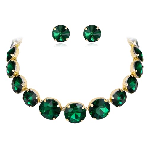 EVER FAITH Runde Strass Halskette mit Ohrstecker, Grün Gold-Tone Glitzernde Kristall Hochzeit Party Statement Schmuckset von EVER FAITH