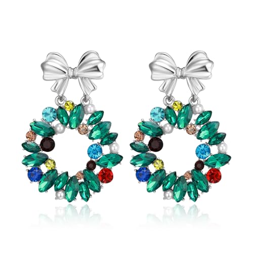 EVER FAITH Schleifenknoten Kranz Ohrringe für Weihnachten Marquise Strass mit Faux Perle Bowknot baumeln Ohrstecker Schmuck Geschenke Grün Silber-Ton von EVER FAITH