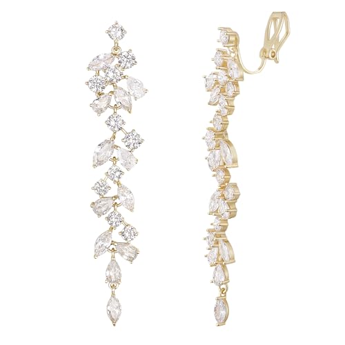 EVER FAITH Schmuck Runde Marquise Cubic Zirkonia Ohrclips Teardrop Kristall Kronleuchter Bridal Dangle Clip auf Ohrringe für Damen Hochzeit Prom Klar Gold-Ton von EVER FAITH