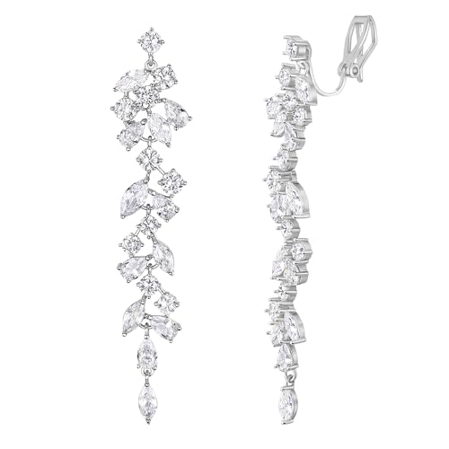 EVER FAITH Schmuck Runde Marquise Cubic Zirkonia Ohrclips Teardrop Kristall Kronleuchter Bridal Dangle Clip auf Ohrringe für Damen Hochzeit Prom Klar Silber-Ton von EVER FAITH