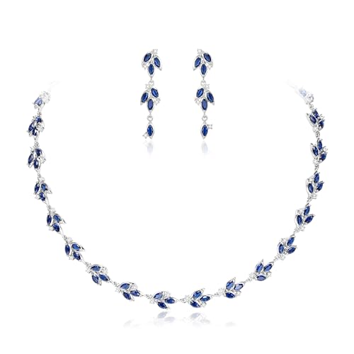 EVER FAITH Schmuck Set Marquise Cubic Zirkonia Februar Geburtsstein Blume Cluster Halskette Ohrringe Set für Damen Blau Silber-Ton für Party von EVER FAITH