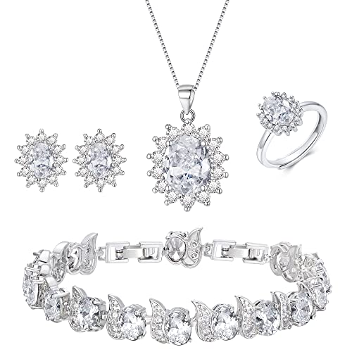 EVER FAITH Schmuck Set Oval Cubic Zirkonia Anhänger Halskette Ohrringe Tennis Armband Open Ring Geschenke für Mama/Frau Geburtstag/Muttertag Weiß Silber-Ton von EVER FAITH