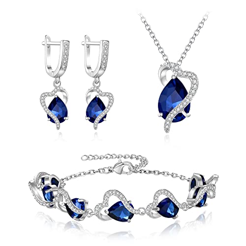 EVER FAITH Schmuck Set Teardrop Cubic Zirkonia Party Liebe Herz Halskette Ohrringe Tennis Armband Set für Geburtstag/Muttertag Schmuck Geschenke für Mama/Frau/Freundin Blau Silber-Ton von EVER FAITH