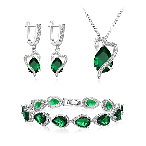 EVER FAITH Schmuck Set Teardrop Cubic Zirkonia Party Liebe Herz Halskette Ohrringe Tennis Armband Set für Geburtstag/Muttertag Schmuck Geschenke für Mama/Frau/Freundin Grün Silber-Ton von EVER FAITH