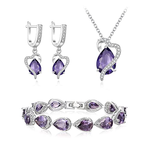 EVER FAITH Schmuck Set Teardrop Cubic Zirkonia Party Liebe Herz Halskette Ohrringe Tennis Armband Set für Geburtstag/Muttertag Schmuck Geschenke für Mama/Frau/Freundin Lila Silber-Ton von EVER FAITH