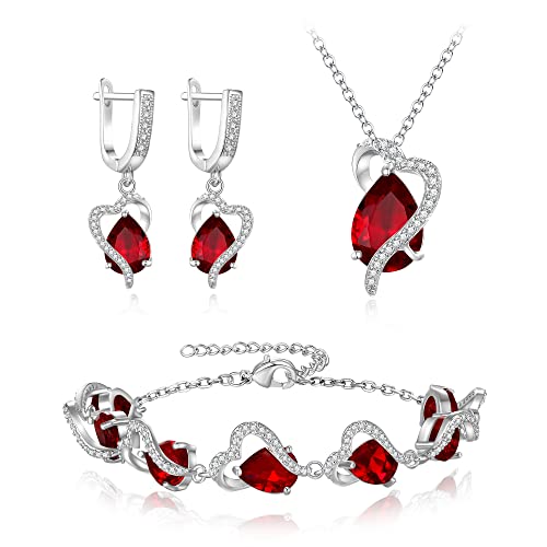 EVER FAITH Schmuck Set Teardrop Cubic Zirkonia Party Liebe Herz Halskette Ohrringe Tennis Armband Set für Geburtstag/Muttertag Schmuck Geschenke für Mama/Frau/Freundin Rot Silber-Ton von EVER FAITH