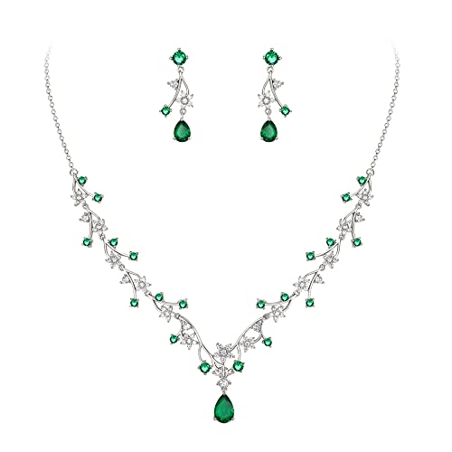 EVER FAITH Schmuck Set Wunderschönes Hochzeitsfür die Braut weiße Tropfen runde Zirconia Blumen Cluster Reben Halsketten und Ohrringe Grün Silber-Ton von EVER FAITH