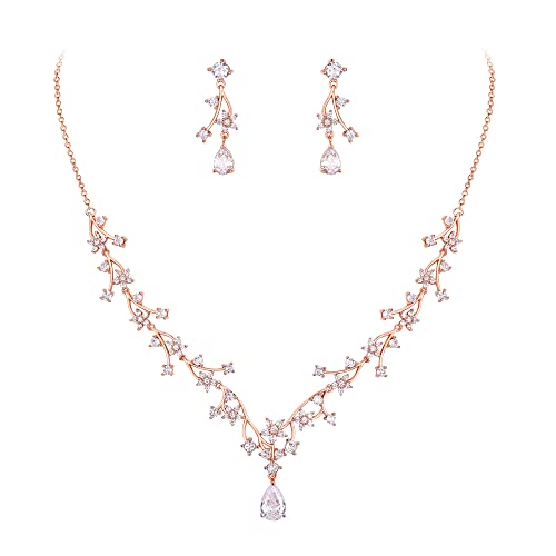 EVER FAITH Schmuck Set Wunderschönes Hochzeitsfür die Braut weiße Tropfen runde Zirconia Blumen Cluster Reben Halsketten und Ohrringe Set Klar Rose Gold-Ton von EVER FAITH