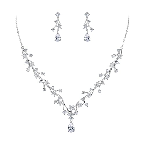 EVER FAITH Schmuck Set Wunderschönes Hochzeitsfür die Braut weiße Tropfen runde Zirconia Blumen Cluster Reben Halsketten und Ohrringe Klar Silber-Ton von EVER FAITH