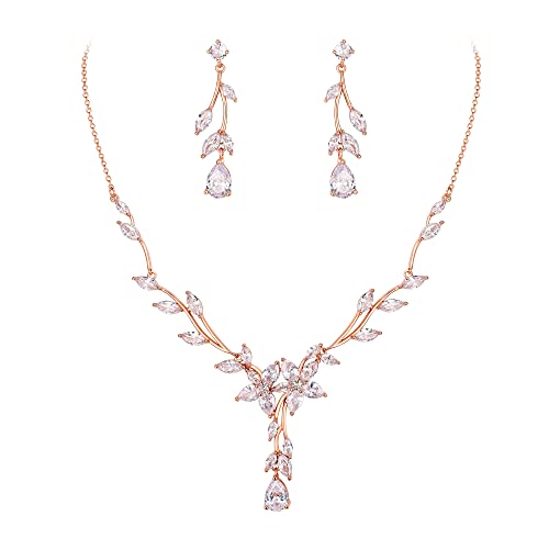 EVER FAITH Schmuck Set für Braut Brautjungfern Klar Rosegold-Ton CZ Blatt Cluster Tropfen Braut Abschlussball Halskette und Ohrringe Sets für Damen Hochzeit Party von EVER FAITH