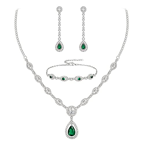 EVER FAITH Schmuck Set für Braut weiß vergoldet klar Teardrop kubischer Zirkonia Mai Birthstone Halskette Armband Ohrringe Set Grün Silber-Ton für Damen von EVER FAITH