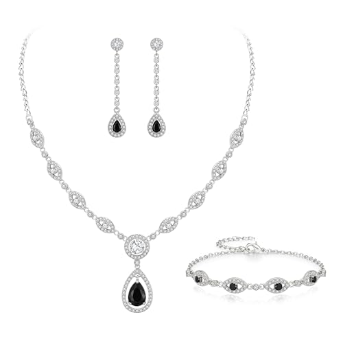 EVER FAITH Schmuck Set für Braut weiß vergoldet klar Teardrop kubischer Zirkonia November Birthstone Halskette Armband Ohrringe Schwarz Silber-Ton für Damen von EVER FAITH