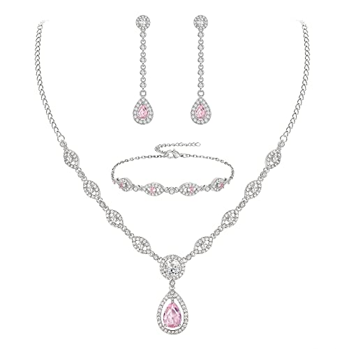 EVER FAITH Schmuck Set für Braut weiß vergoldet klar Teardrop kubischer Zirkonia Oktober Birthstone Halskette Armband Ohrringe Set Rosa Silber-Tone für Damen von EVER FAITH