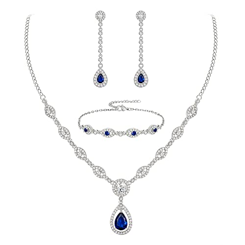 EVER FAITH Schmuck Set für Braut weiß vergoldet klar Teardrop kubischer Zirkonia September Birthstone Halskette Armband Ohrringe Saphirblau Silber-Tone für Damen von EVER FAITH