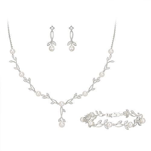 EVER FAITH Schmuck Set für die Braut, weiß Silber-Ton kubischer Zirkonia simulierte Perle Blatt filigran Prom Party Halskette Ohrringe Armband Sets für Damen passen Hochzeitskleid von EVER FAITH