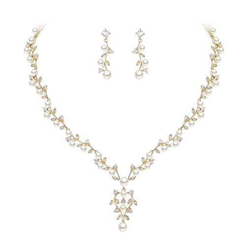 EVER FAITH Schmuck-Set mit kubischen Zirkonia für Damen weiße simulierte Perle Blatt Rebe Anhänger Halskette und Ohrringe Set Klar Gold-Ton von EVER FAITH