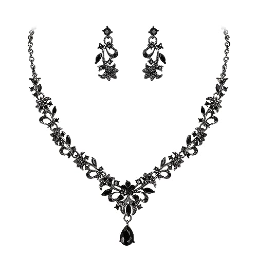 EVER FAITH Schmuck-Sets für Braut, Österreichische Kristall Marquise Orchidee Blumen Blatt Tropfen Anhänger Halskette baumeln Ohrringe Set für Damen Schwarz Schwarz-Ton von EVER FAITH