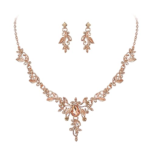 EVER FAITH Schmuck-Sets für Braut Österreichische Kristall Cluster Floral Vine Blatt Marquise Tropfen Halskette Ohrringe Set für Damen Champagner Rose Gold-Ton von EVER FAITH