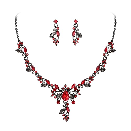 EVER FAITH Schmuck-Sets für Braut Österreichische Kristall Cluster Floral Vine Blatt Marquise Tropfen Halskette Ohrringe Set für Damen Rot Schwarz-Ton von EVER FAITH