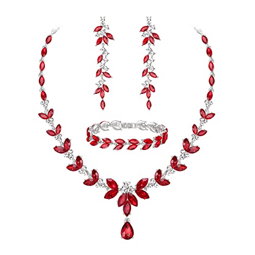 EVER FAITH Schmuckset Österreichisches Kristall Braut Schmuck-Set, elegante Marquise Strass Blatt Halskette mit baumelnden Ohrringen Tennis-Armband-Set, Rot Silber-Tone von EVER FAITH