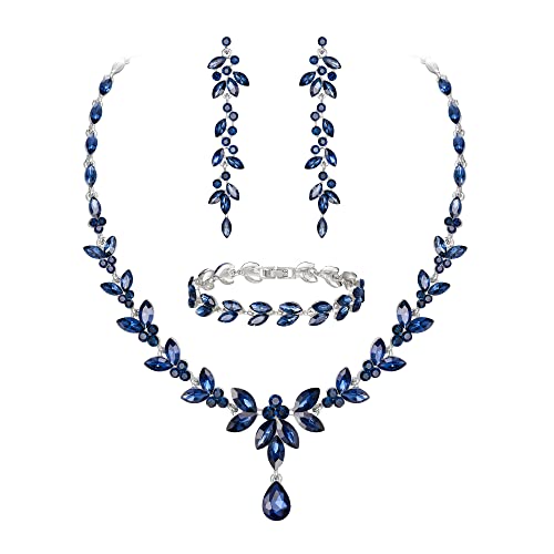 EVER FAITH Schmuckset Österreichisches Kristall Braut Schmuck-Set, elegante Marquise Strass Blatt Halskette mit baumelnde Ohrringe Tennis-Armband-Set blau Silber-Ton von EVER FAITH