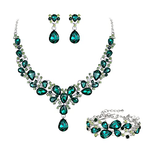 EVER FAITH Schmuckset Österreichisches Kristall Brautjungfern elegant Wassertropfen Blumen Cluster Statement klobige Halskette Ohrringe und Armband Set Grün Silber-Tone EVER FAITH Schmuckset Österreichisches Kristall Brautjungfern elegant Wassertropfen Blumen Cluster Statement klobige Halskette Ohrringe und Armband Set Grün Silber-Tone von EVER FAITH