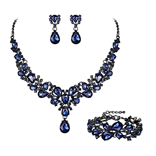 EVER FAITH Schmuckset Österreichisches Kristall Brautjungfern elegant Wassertropfen Blumen Cluster Statement klobige Halskette Ohrringe und Armband Set Sapphire Blau Schwarz-Tone von EVER FAITH