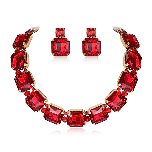 EVER FAITH Schmuckset Statement Quadratische Kristall funkelnde Strass Halskette Ohrringe Set für Damen Party Prom Rot-Gold-Ton von EVER FAITH