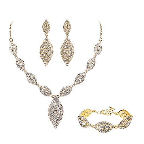 EVER FAITH Schmuckset Strass Kristall Braut Blatt Halskette und Kronleuchter Ohrringe Set Klar Gold-Ton von EVER FAITH