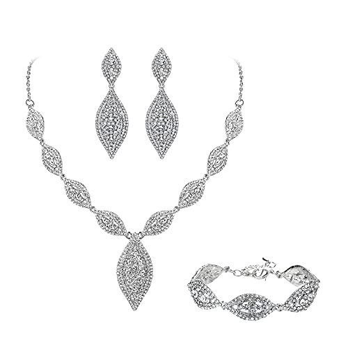 EVER FAITH Schmuckset Strass Kristall Braut Blatt Halskette und Kronleuchter Ohrringe Set Klar Silber-Ton von EVER FAITH