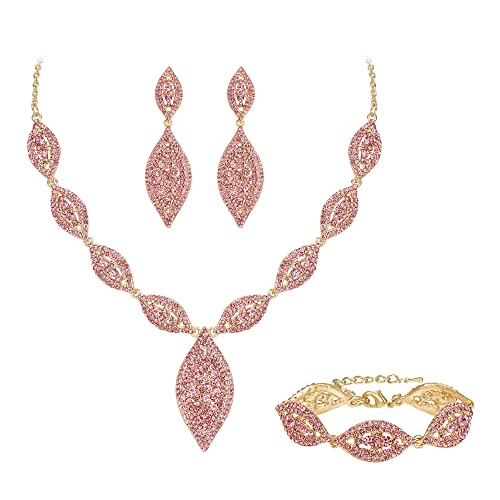 EVER FAITH Schmuckset Strass Kristall Braut Blatt Halskette und Kronleuchter Ohrringe Set Rosa Gold-Tone von EVER FAITH