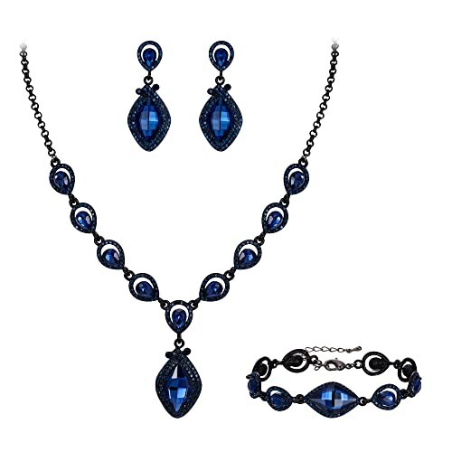 EVER FAITH Schmuckset Tropfen Kostüm-Party-Schmuck Art Deco Kristall Marquise Teardrop Anhänger Halskette,Ohrringe und Armband Set für Prom Blau Schwarz-Tone von EVER FAITH