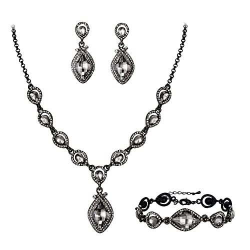 EVER FAITH Schmuckset Tropfen Kostüm-Party-Schmuck Art Deco Kristall Marquise Teardrop Anhänger Halskette,Ohrringe und Armband Set für Prom Grau Schwarz-Ton von EVER FAITH