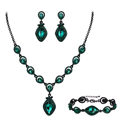 EVER FAITH Schmuckset Tropfen Kostüm-Party-Schmuck Art Deco Kristall Marquise Teardrop Anhänger Halskette,Ohrringe und Armband Set für Prom Grün Schwarz-Tone von EVER FAITH