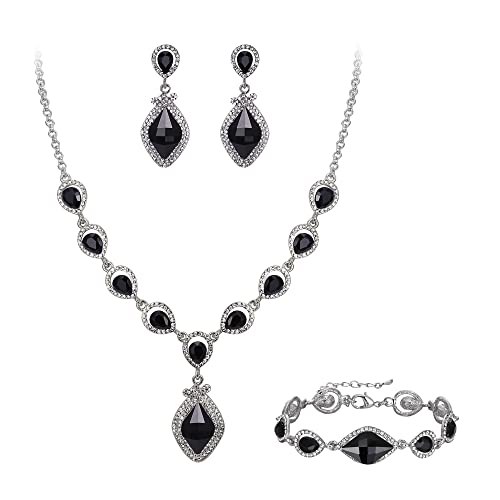 EVER FAITH Schmuckset Tropfen Kostüm-Party-Schmuck Art Deco Kristall Marquise Teardrop Anhänger Halskette,Ohrringe und Armband Set für Prom Schwarz Silber-Tone von EVER FAITH