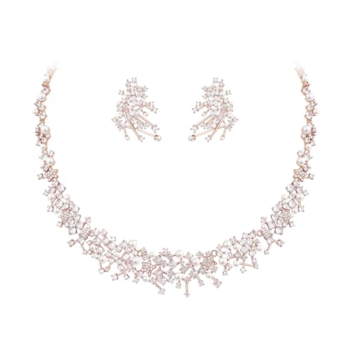 EVER FAITH Schmuckset für die Braut, wunderschöne Cubic Zirkonia Kunstperlen Weiß Rosegold-Ton Stern Braut Prom Halskette Ohrringe Set für Damen von EVER FAITH