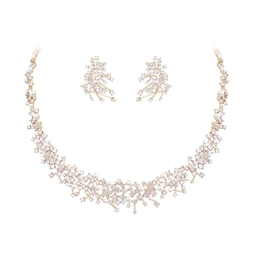 EVER FAITH Schmuckset für die Braut, wunderschöne Cubic Zirkonia Kunstperlen Weiß Silber-Ton Stern Braut Prom Halskette Ohrringe Set für Damen von EVER FAITH