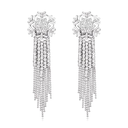 EVER FAITH Schneeflocke Quaste Ohrringe für Damen Mädchen, Strass Kristall lange Wasserfall Perlen Fransen Kronleuchter Tropfen Statement-Ohrringe Weihnachten Urlaub Schmuck klar Silber-Ton von EVER FAITH