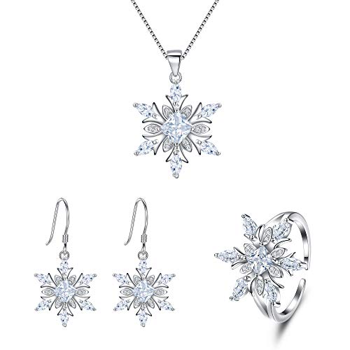 EVER FAITH Schneeflocke Schmuckset 925 Sterling Silber Klar CZ Winter Schnee Anhänger Halskette Haken Ohrringe Einstellbar Ring Set von EVER FAITH