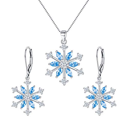 EVER FAITH Schneeflocke Schmuckset Sterling Silber Zirkon Winter Snow Weihnachten Halskette und Leverback Ohrringe Set Himmelblau von EVER FAITH