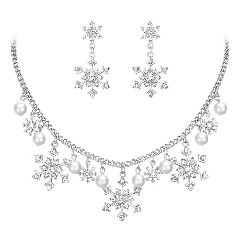 EVER FAITH Schneeflocken Charme Halskette Ohrringe Set, Strass Kristall Faux Perle Winter Schneeflocke Schmuck-Sets festlichen Santa Geschenk für Damen Weihnachten von EVER FAITH