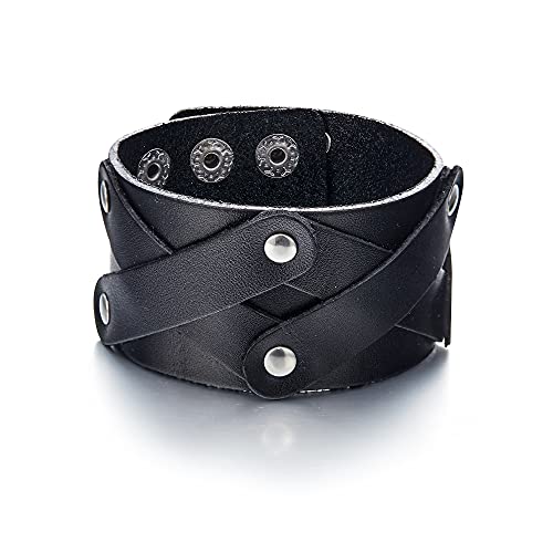 EVER FAITH Schwarz Leder Cuff Armreif Punk Rock n Roll Unisex Handgemachte Cross Strap Grain Leder Breites Armband für Männer Damen von EVER FAITH